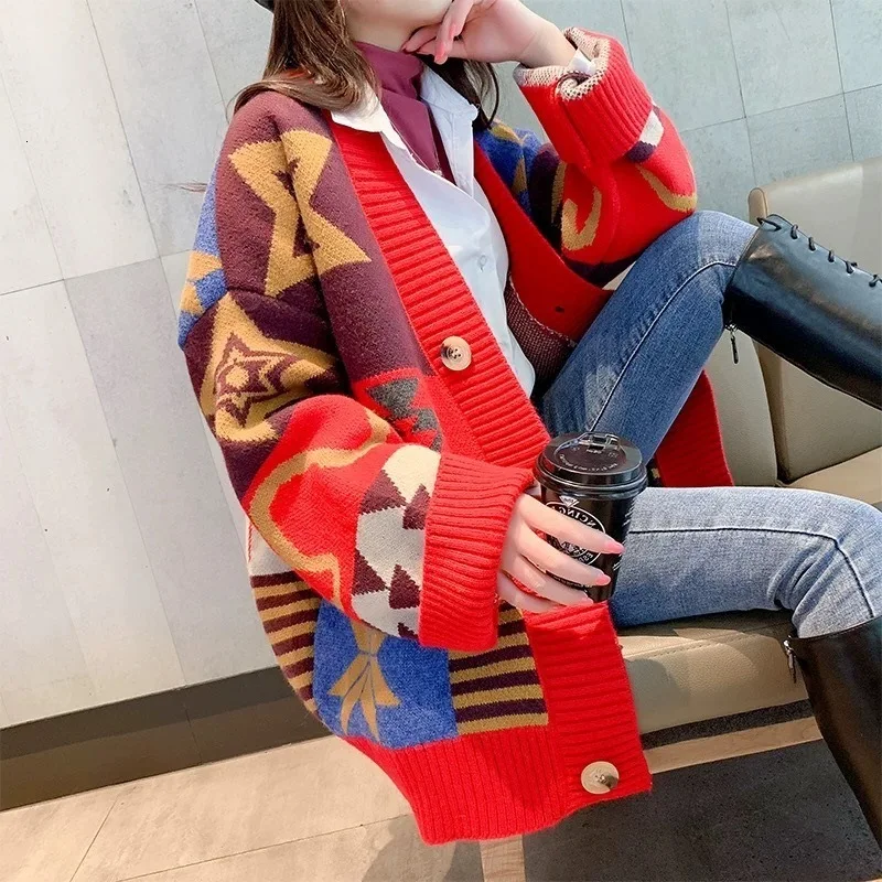 Европейский модный женский длинный свитер, кардиганы, Vneck Vinatge, повседневные вязанные Джемперы, длинное Вязанное пальто, Модный женский свитер