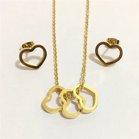 Quality 316L Surgery Steel Jewelry Set Trendy Exquisite Three Hollow Heart-Shaped Gold Plated Pendant Necklace Women