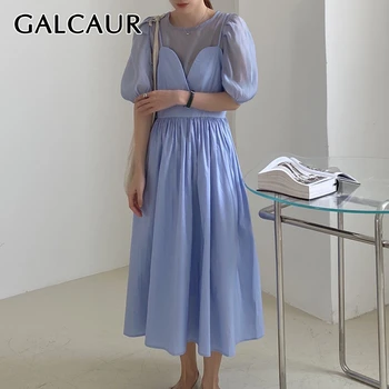 

GALCAUR Korean Two Piece Set Women O Neck Puff Sleeve Shirt High Waist Sling Sleeveless Maxi Dress Suit Female Fashion New 2020