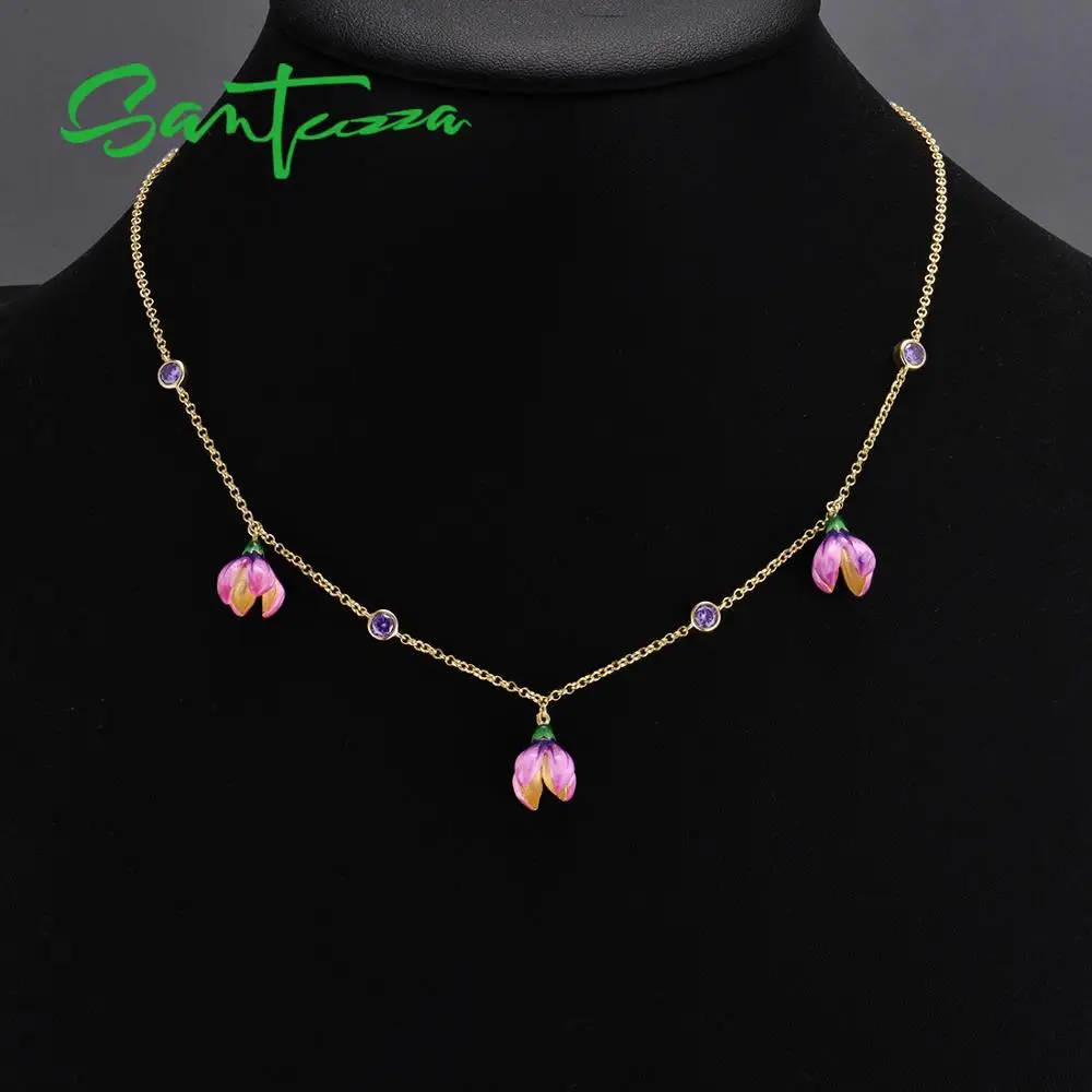 SANTUZZA серебряное ожерелье для женщин, 925 пробы, серебряное, нежный розовый цветок, свадебное, обручальное, модное, ювелирное изделие ручной работы, Enaml