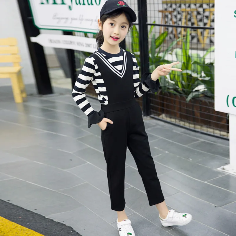 

Childrenswear 2019 Autumn New Style Girls Stripes Suspender Pants Set Big Boy Fashion Spring And Autumn Long Sleeve Two-Piece Se