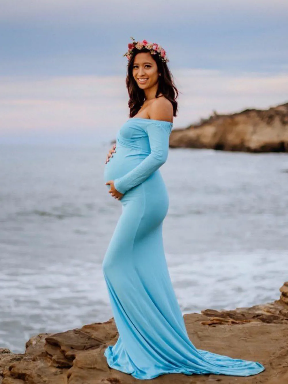 Long Sleeve Maxi Maternity Dress for Photo Shoot Elegant Fitted Gown Pregnancy Dress for Baby Shower Women Photography Prop 2020