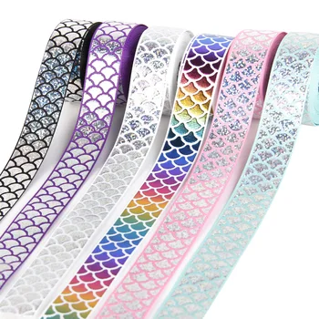 

1" 25mm shiny holographic silver foil mermaid scale grosgrain ribbon 100yards welcome custom printed