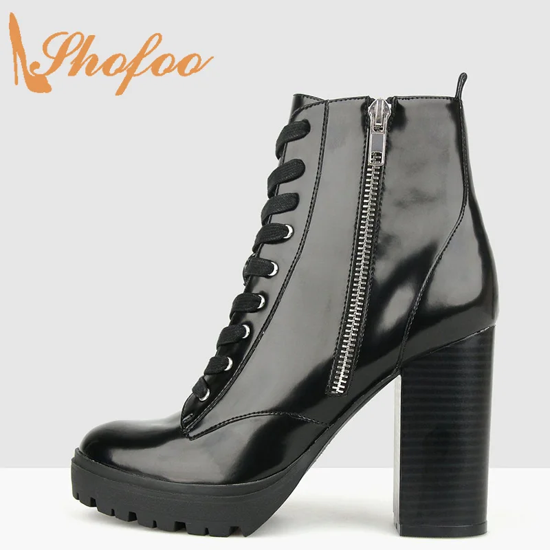Shofoo/черные ботинки из лакированной кожи на высоком квадратном каблуке с круглым носком женские ботинки на молнии и платформе; женская обувь...