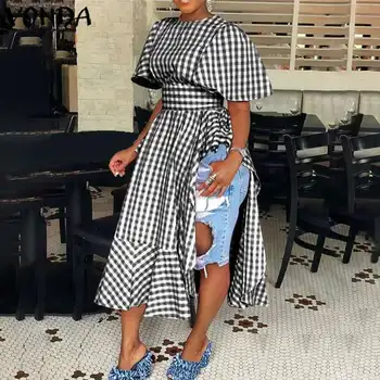 

VONDA Bohemian Tops Women Casual Loose Vintage Plaid Side split Long Party Shirts 2020 Summer Holiday Beach Tunic Plus Size 5XL