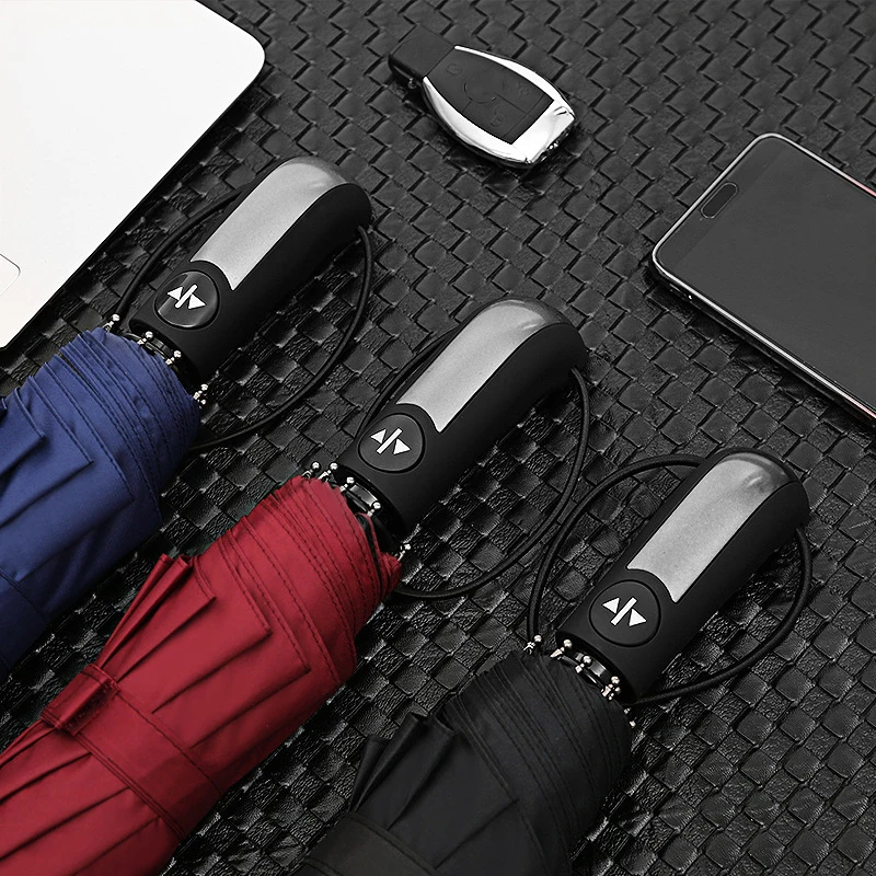 

Fully Automatic Folding Umbrella with 10 Bones and 3 Folds for Men and Women's Business Black Rubber Sunshade Umbrella