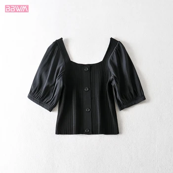 

Bubble Sleeve Halter Korean Women's Wild Square Collar T-shirt Sexy Sweet Chic Single-breasted Slim Slimming Clavicle Female Top