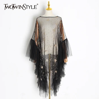 

TWOTWINSTYLE Patchwork Sequined Hit Color Dress For Women O Neck Long Sleeve Mesh Hit Color Dresses Summer Fashion New 2020