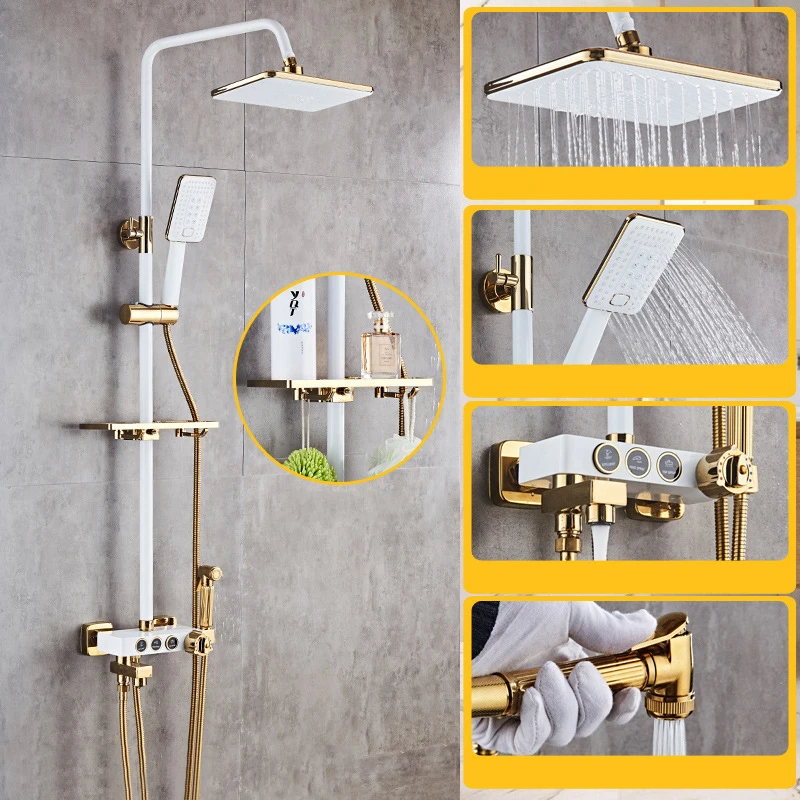 Black/White Wall Mounted Single Handle Thermostatic Shower Mixer Faucet Bath Set + Bidet Shelf | Обустройство дома