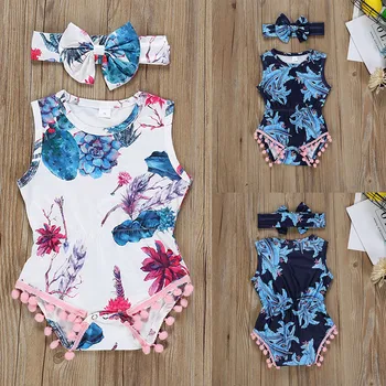 

Fashion Children's baby girl clothes cotton o-neck Infant Sleeveless Floral Tassels Bodysuit+Headband Outfits H4