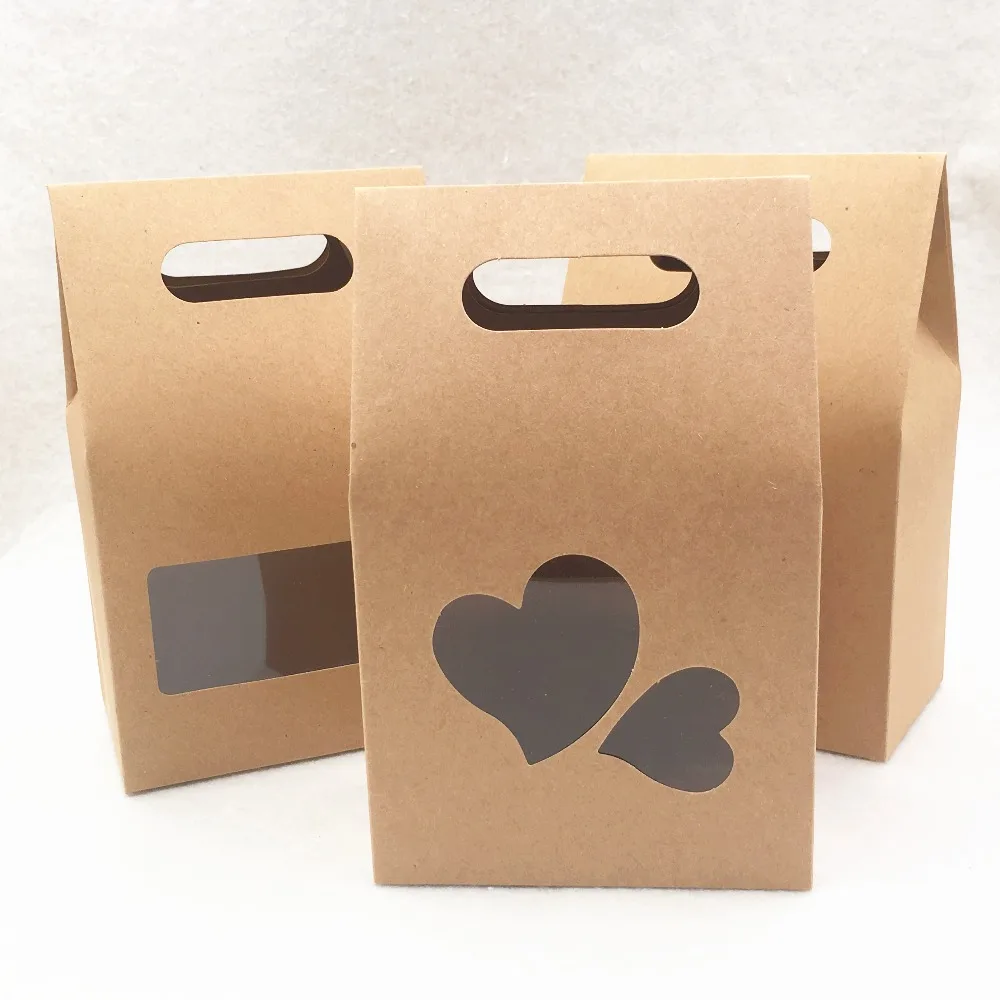 

50Pcs 10x6x16cm Kraft Paper Handling Case Hot Visible PVC Clear Heart Window Square Box For Wedding Candy Petals Portable Box