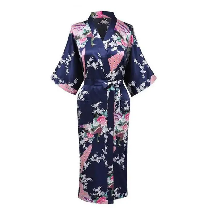 Женское кимоно с принтом, платье, ночное белье, пеньюар, атласный длинный халат, домашняя одежда, серая v-образная Пижама, повседневный халат для свадебной вечеринки - Цвет: Navy Blue