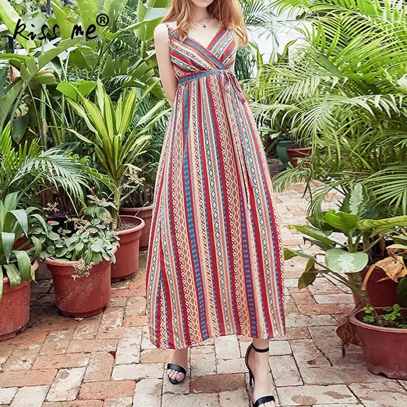 

Chiffon Sling Beach Dress Deep V Sexy Long Dress Women Beach Maxi Dress Bohemian Holiday Striped Robe High Waist Sun Dresses