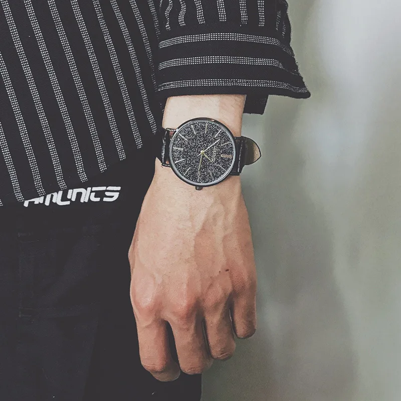 leather black Минималистичный стиль Мужские часы Новая мода Звездное небо часы для мужчин магнит сетка кварцевые наручные часы Ulzzang Relogio Feminino - Цвет: leather black