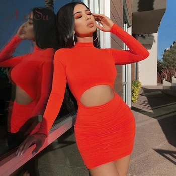 

Artsu Neon Orange Sexy Club Dresses Woman Party Night Hollow Out Ruched Long Sleeve Bodycon Bandage Mini Dress ASDR247