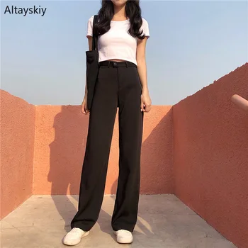 

Pants Women Simple Retro Elegant Korean Style Loose Trendy Long Trousers Single Button Zipper High Leisure Solid Color Womens