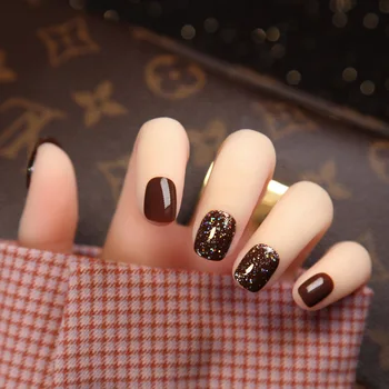 

24pcs/box false nails short Red And Brown Winter Wear Nail Patch Repeatedly Use Disassembled Nail Finished press on nails glue