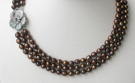 N3469 Noble 3strands gold FW pearl Necklace flower shell clap% Discount AAA