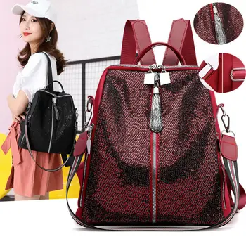 

Fashion Designer Bag Women's Sequined School Bag Zipper Backpack Luxury Solid Casual Party Bag