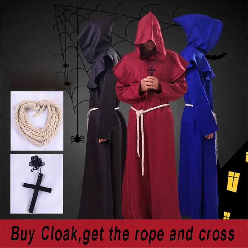 Ataullah Halloween Monk Wicca Cloak Robe For Men and Woman Larp Witch Costume Carnival Party Ghost Vampire Cosplay Dress DW002