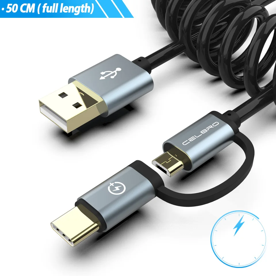 2в1 2 в 1 Usb кабель пружинный Спиральный Micro Usb type C кабель для быстрой зарядки для samsung Galaxy S9 S10 M30 M20 A6s A8s A9 Cavo Usbc - Цвет: 50CM