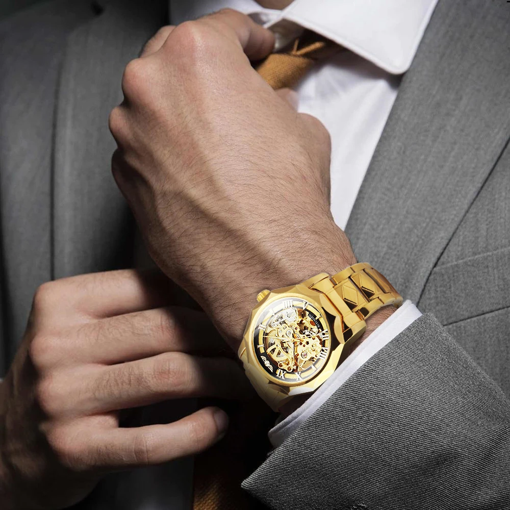 Luxury Skeleton Mechanical Watch for Men Golden Royal Dodecagon Case Carved Movement Stainless Steel Strap Luminous Hands mechanical watch