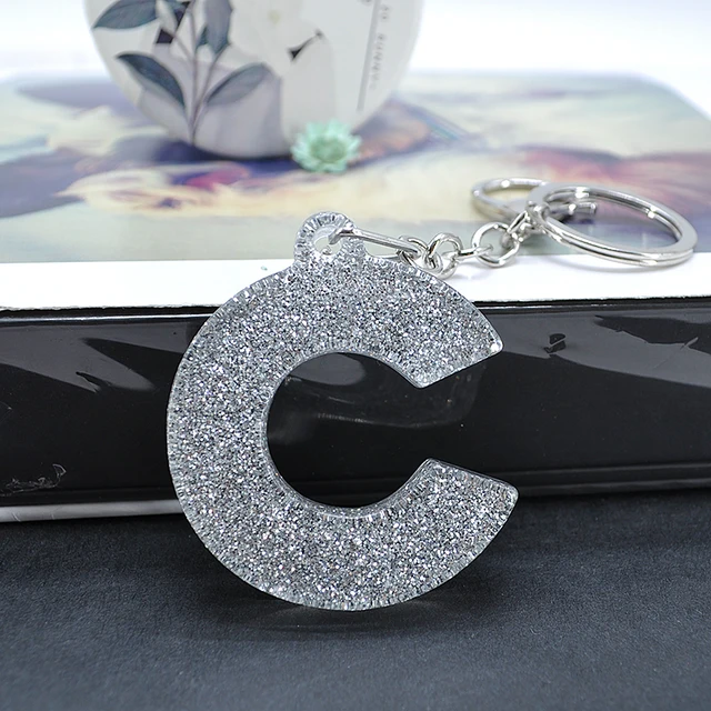 1PC Women Keychains  Handbag  Car Pendants 26 English Letter Keyring  Charms   Glitter Resin Word C