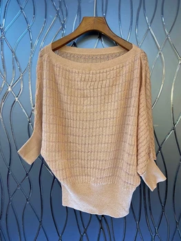 

2020 Spring and Summer New Bertha Irregular Woven Decorative Bat Sleeve Loose All-match Top 607
