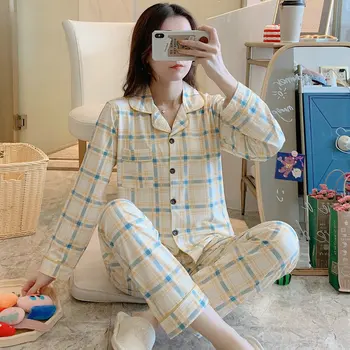 

Autumn Women Pajamas Cotton Spring Long Sleeves Sleepwear 2 Piece Sets for Women Turn-down Collar Homewear Large Size Pyjama XXL