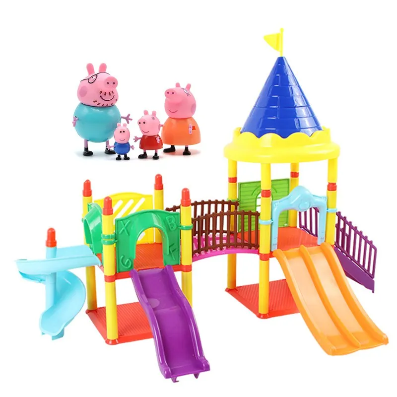 Peppa игрушки "Свинка", Свинка Пеппа, Семья друзья игрушки реальный набор декораций парк развлечений дома ПВХ фигурки на год игрушки "Свинка" - Цвет: 4pcs and House