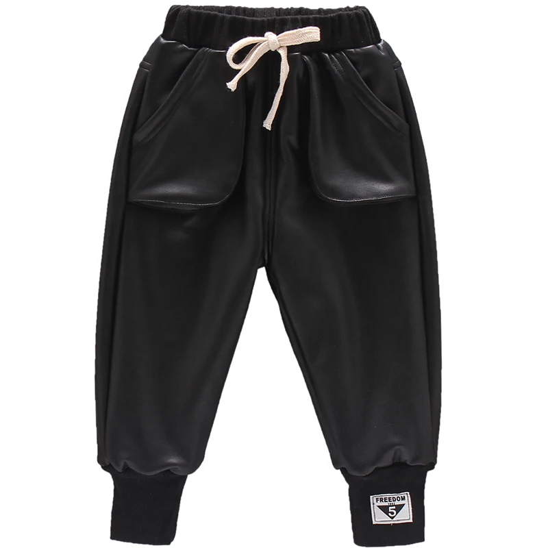 

Boys Pants 2019 Winter New Boy Fashion Faux Leather Pants Casual Elastic Waist Solid Motor & Biker Leather Harem Pants