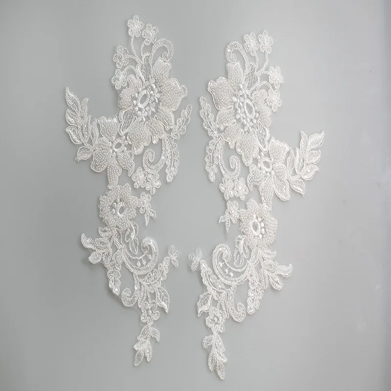 white 1pair Off White тяжелый шарик шнур, Кружевная аппликация, с цветочным рисунком, с рисунком цельнокроеное платье Alencon кружева аппликация кружева для свадьбы, свадебное платье и повязка на голову с вуалью Ремни - Цвет: white 1pair