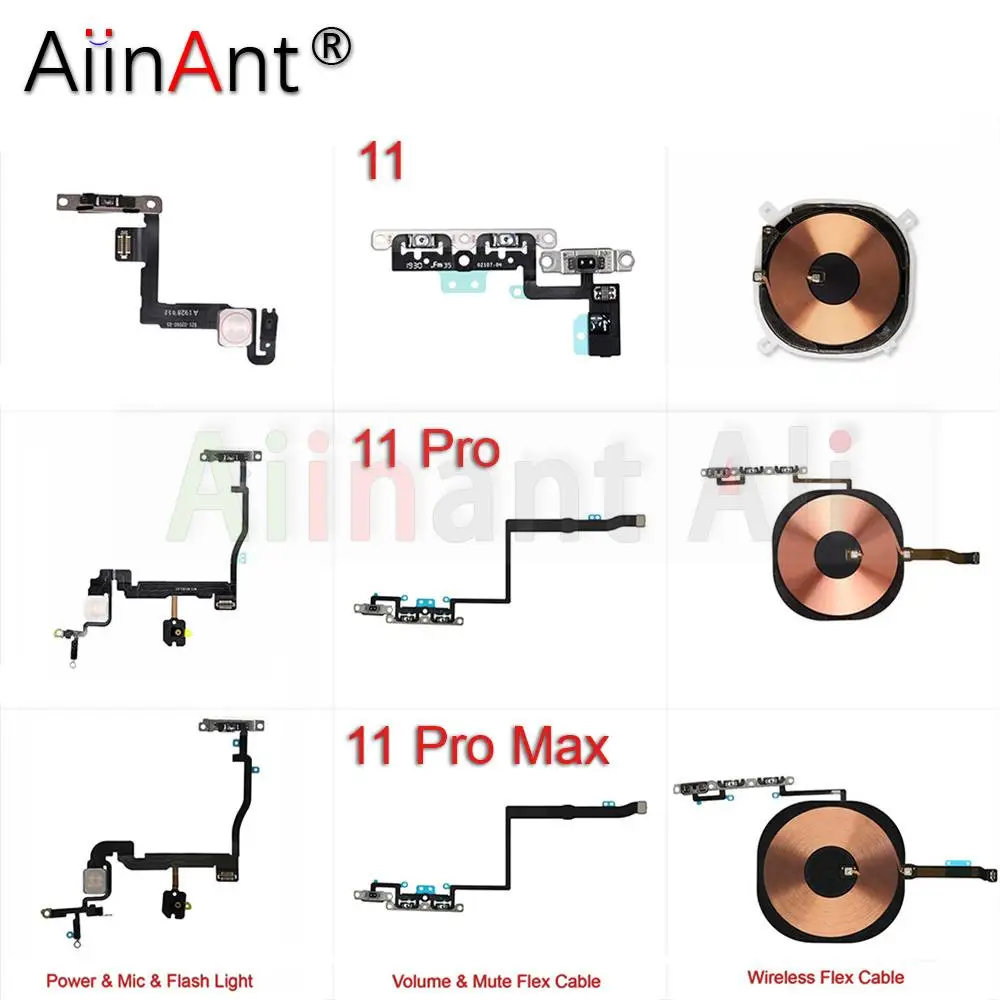 Кнопки питания AiinAnt, кнопка громкости, бесшумная Беспроводная зарядка, вспышка, гибкий кабель питания для iPhone 11 Pro 11Pro Max, запчасти для ремонта цена и фото