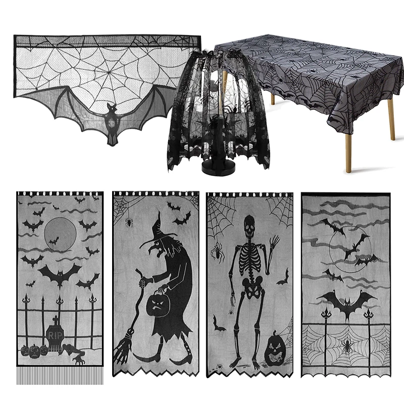 Black Lace Witch Bat Skull Spider Web Tablecloth Table Lamp Fireplace Cover Decoration Halloween Window Door Curtain Home Decor | Дом и сад