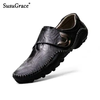 

susugrace 2020 spring leather casual shoes for men black loafers autumn flats hook & loop outdoor zapatos de hombre comfortable