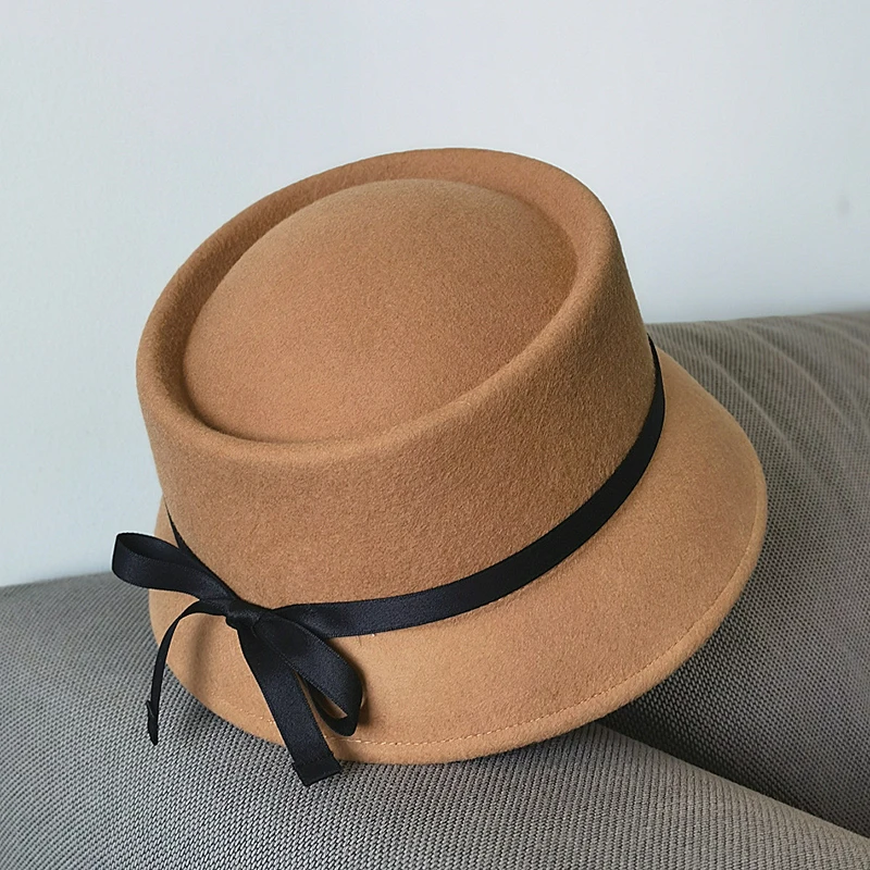 

New Autumn Winter Japan 100% Wool Bowknot Basin Cap Grace Lady Bucket Hats For Women Wide Brim Leisure Black Hat Fashion Bone