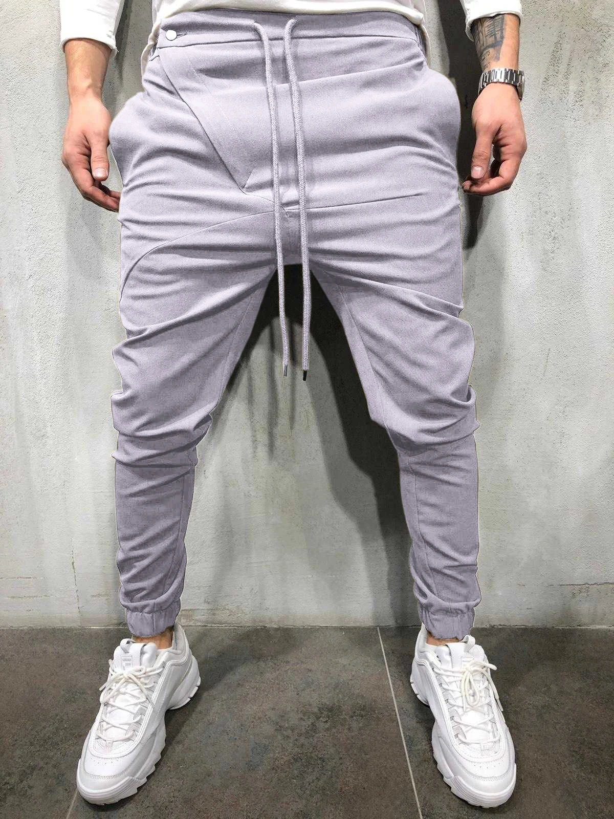 Men Solid-color Lace-up Pockets Slim Casual Pants Sport Gym Pants Slim Fit Running Joggers Long Trousers