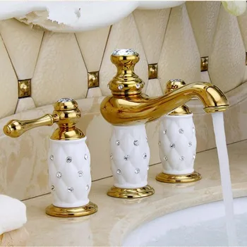 

Tuqiu luxury basin faucet 8 inch water tap brass ceramic & diamond bathroom faucet gold widespread basin sink faucet