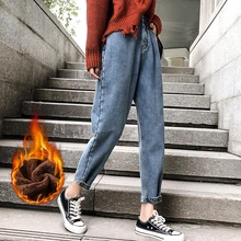 Черные бархатные джинсы для женщин, утепленные джинсы для женщин, зима, джинсовые шаровары с высокой талией, Женские винтажные повседневные свободные синие штаны