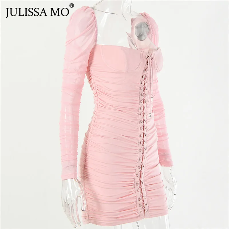 JULISSA MO White Mesh Ruched Autumn Dress Women Strapless Bodycon Sexy Party Dress Fashion Ruched Bandage Dresses Vestidos Short