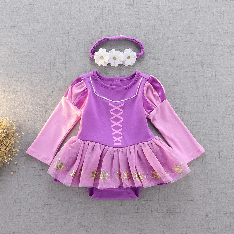 Infant Girl Romper Dress With Headband Elsa Belle Mermaid Snowwhite Fairy Tris Baby Girl Clothes Size 3-18M Baby Quality Dress Baby Bodysuits cheap Baby Rompers