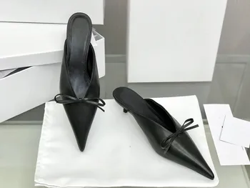 

Pointed Toe Mules for Women Mid-heels Genuine Leather Women's Slippers Bow-tie Decor 2020 New Luxury Brand Designer Shoes Women