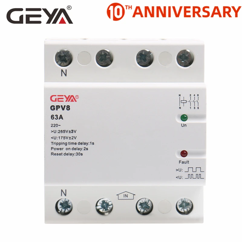 

GEYA GPV8-63D 4Pole AC Voltage Protector Automatic Reconnect Over and Under Voltage Protector 32A 40A 50A 63A 3P+N