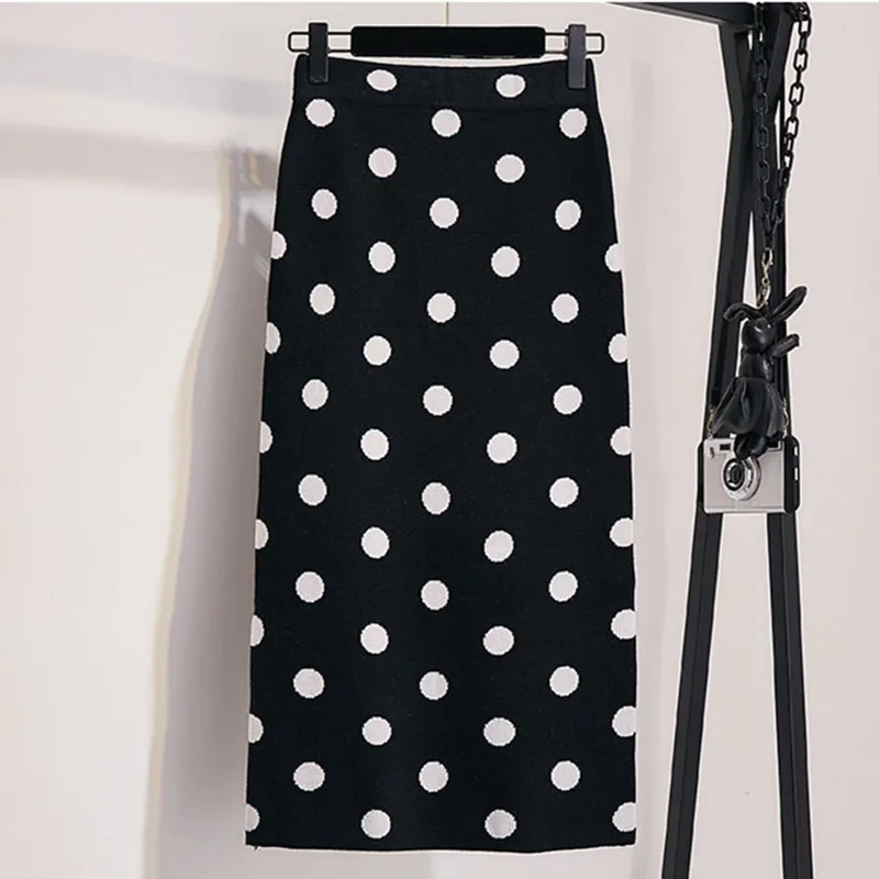 Women's Polka Dot Knit Skirt Autumn Winter Female Korean High Waist Split Step Skirt Thick Knit Long Skirt Hip Skirt New ML279