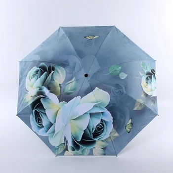 

Folding Reverse Umbrella Parasol Women Travel Sun Umbrellas Flower Black Coating Sunscreen Shade Outdoor Business Parapluie
