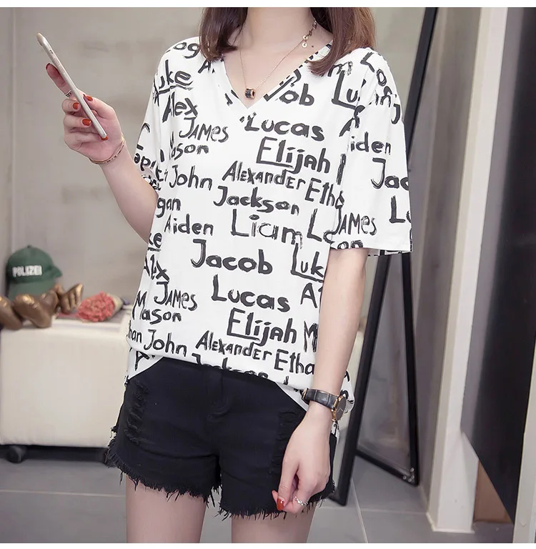 Fat Mm Large Size Dress Summer Wear New Style Large Size Short Sleeve T-shirt 200 Loose-Fit V-neck Shirt Manufacturers Dire