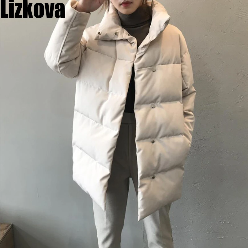 

Lizkova 2020 Winter New White Oversized Parkas Women Casual Lapel Single Breasted Quilted Coats TP120