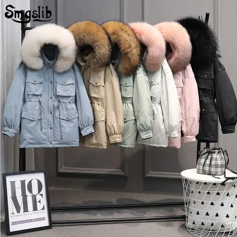 

2019 Winter Jacket Women white duck down large natural Solid New Women's Hooded Raccoon fur coat parkas sash Tie up high street