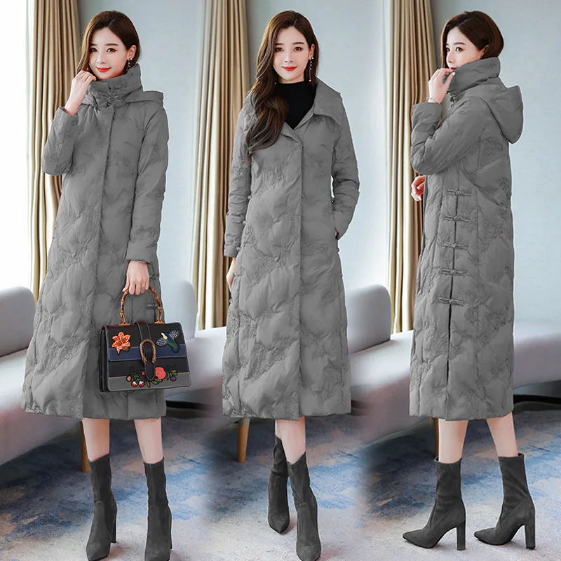 

2019 Winter New Style Long Embroidered Cotton-padded Clothes Fashion Hooded Slim Fit Retro National Wind down Jacket Cotton-padd