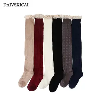 

1Pairs/lot=2Pieces Autumn Winter Over The Knee Womens Fashion Socks Lace Stitching Long Tube Cotton Socks Casual Ladies